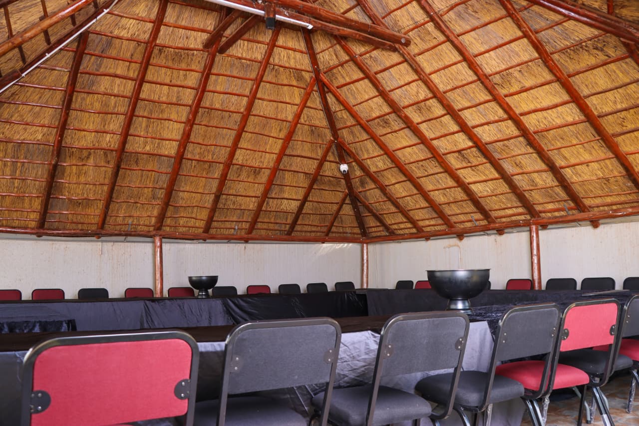 Thatched roof detail above the function hall seating