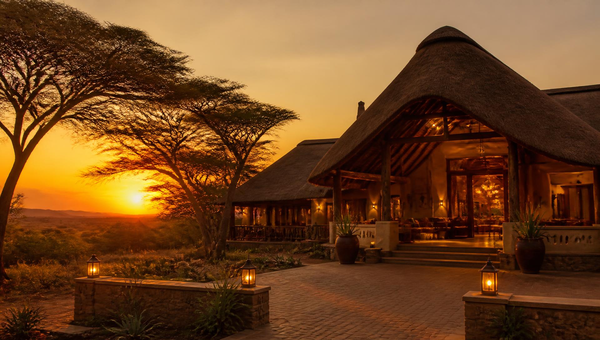 The Elephant Lodge entrance and lounge at sunset