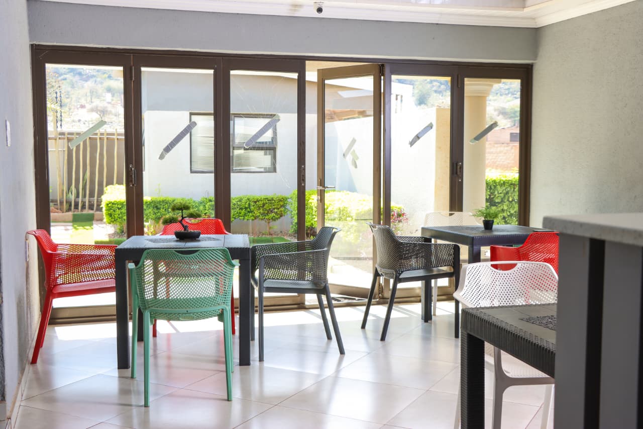 Outdoor patio seating area near the function venue